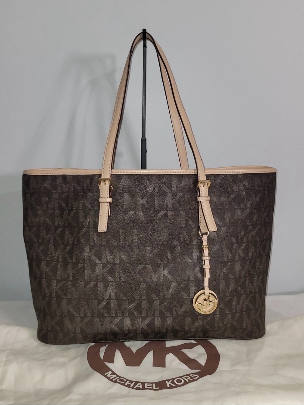 MICHAEL Michael Kors Jet Set Laptop Tote Coated Canvas Brown Monogram & Dust Bag